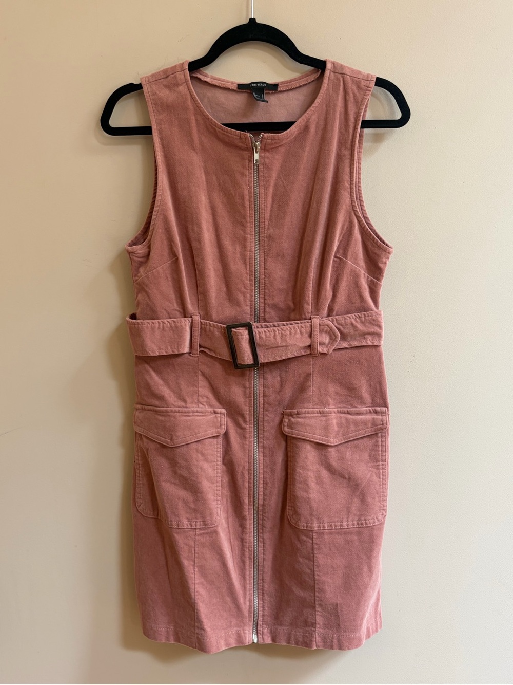 Forever 21 Pink Sleeveless Corduroy Mini Dress Belted Waist Zipper Front Chic